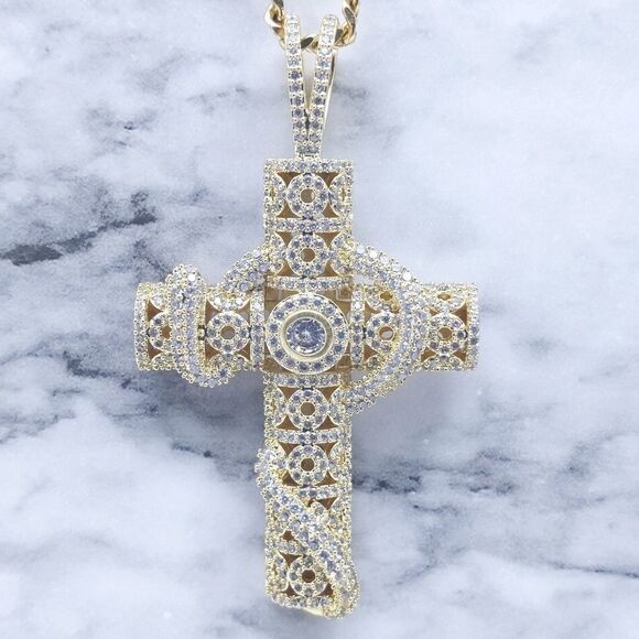 18"Cuban Chain + 14K Gold Finish Serpent Cross - Picture 12 of 12